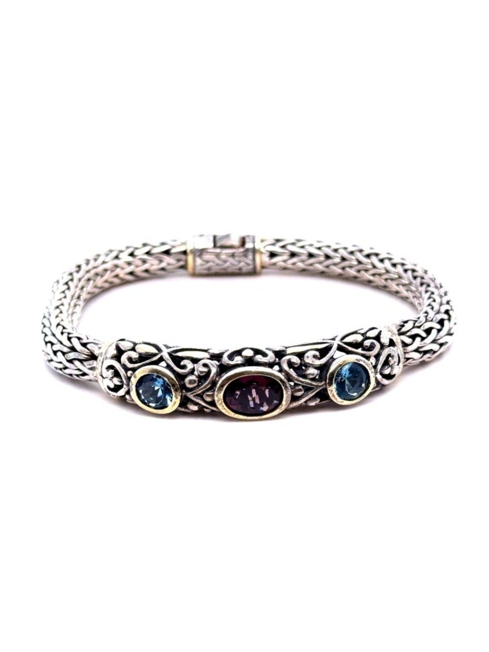 Silver 925 3-Gemstones‎ Wheat Bracelet